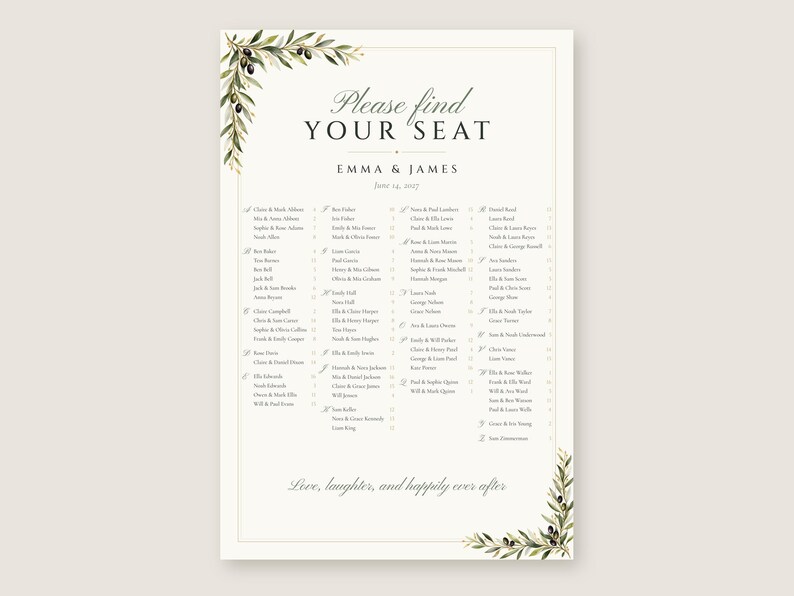 Custom Seating Chart Sign, Alphabetical Wedding Seating Chart, Olive Branch Find Your Seat Sign, Printable 24x36 Digital File image 2