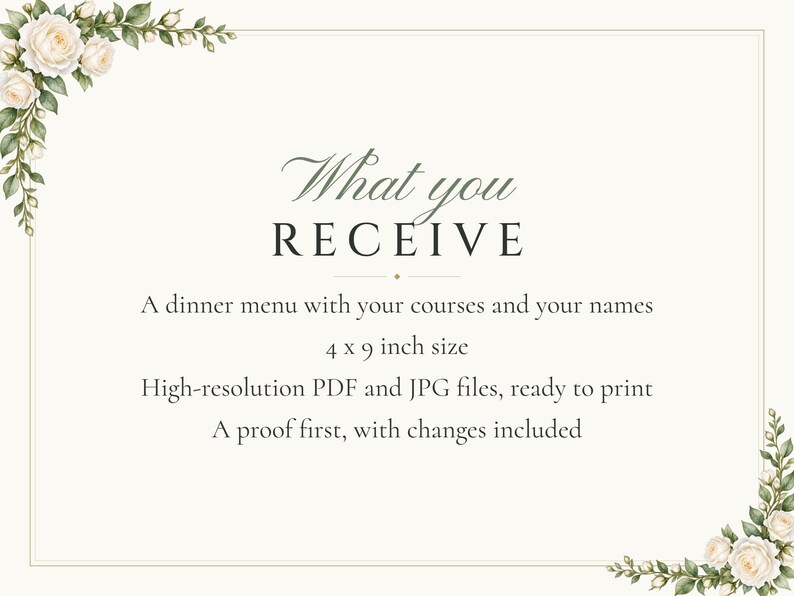 Custom Wedding Dinner Menu, White Rose Reception Menu Card, Garden Rose Place Setting Menu, Printable 4x9 Digital File image 5