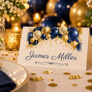 Birthday Welcome Sign and Name Tents Set, Cheers to 60 Years, Navy and Gold Balloon Arch Birthday Decor, Custom Printable Digital Files image 3