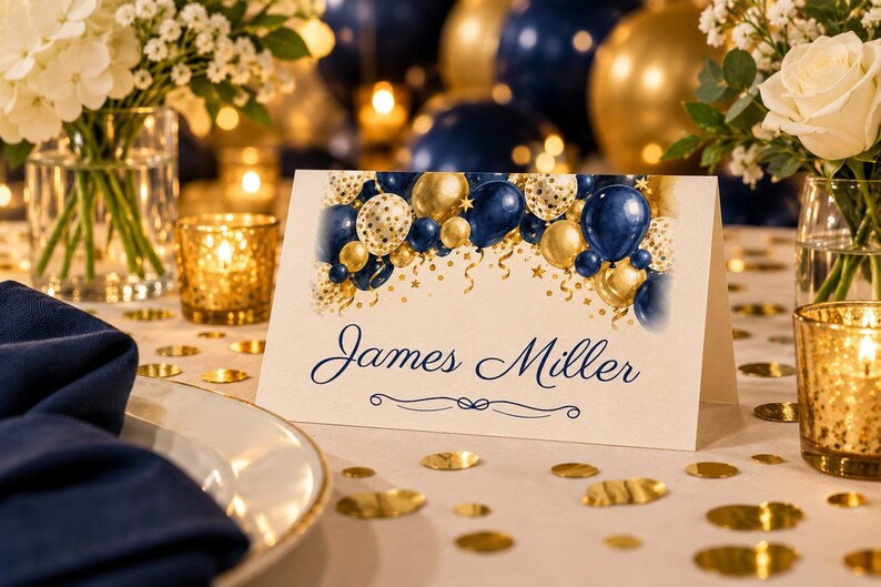 Birthday Welcome Sign and Name Tents Set, Cheers to 60 Years, Navy and Gold Balloon Arch Birthday Decor, Custom Printable Digital Files image 3