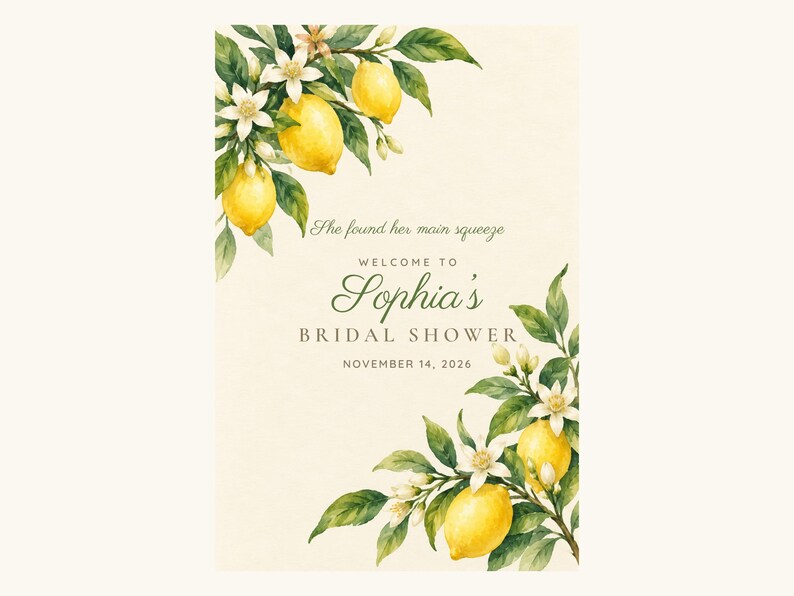 Custom Bridal Shower Welcome Sign, She Found Her Main Squeeze Lemon Sign, Lemon Branch Bridal Shower Decor, Printable 24x36 Digital File afbeelding 2