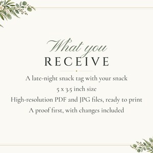 Custom Late Night Snack Sign, Greenery Wedding Food Label, Eucalyptus Snack Tag, Printable 5x3.5 Digital File image 5