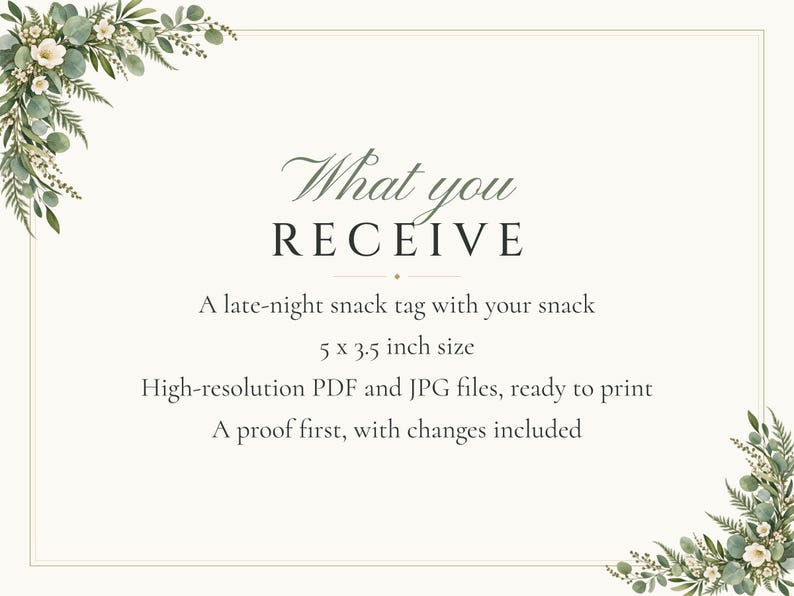 Custom Late Night Snack Sign, Greenery Wedding Food Label, Eucalyptus Snack Tag, Printable 5x3.5 Digital File image 5