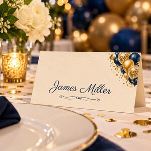 Birthday Name Tents, Navy and Gold Balloon Place Cards, Cheers Birthday Dinner Table Decor, Custom Printable Digital File image 1