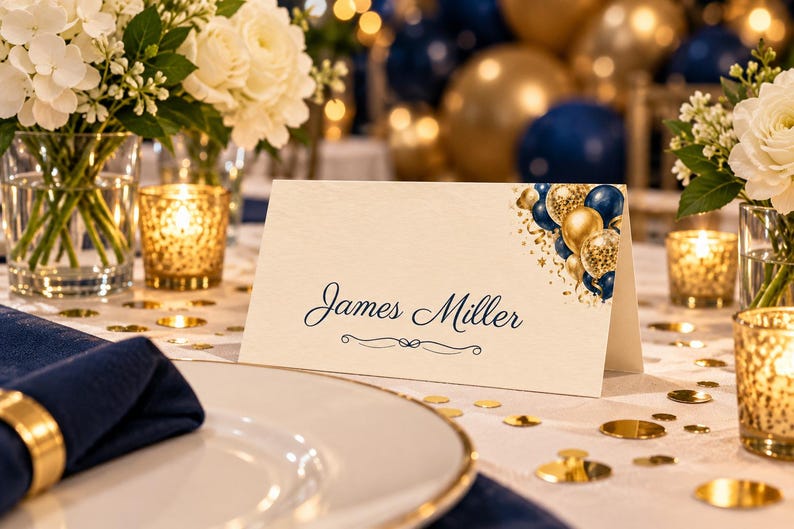 Birthday Name Tents, Navy and Gold Balloon Place Cards, Cheers Birthday Dinner Table Decor, Custom Printable Digital File image 1