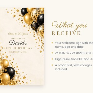 Custom Birthday Welcome Sign, Cheers to 40 Years Sign, Black and Gold Balloons Birthday Decor, Printable 24x36 Digital File image 5