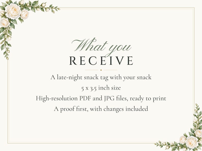 Custom Late Night Snack Sign, White Rose Wedding Food Label, Garden Rose Snack Tag, Printable 5x3.5 Digital File image 5