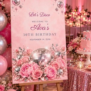 Geburtstags-Willkommensschild und Namensschilder-Set, „Let's Disco“-Deko mit Discokugel und Rosen, individuell druckbare digitale Dateien Bild 2