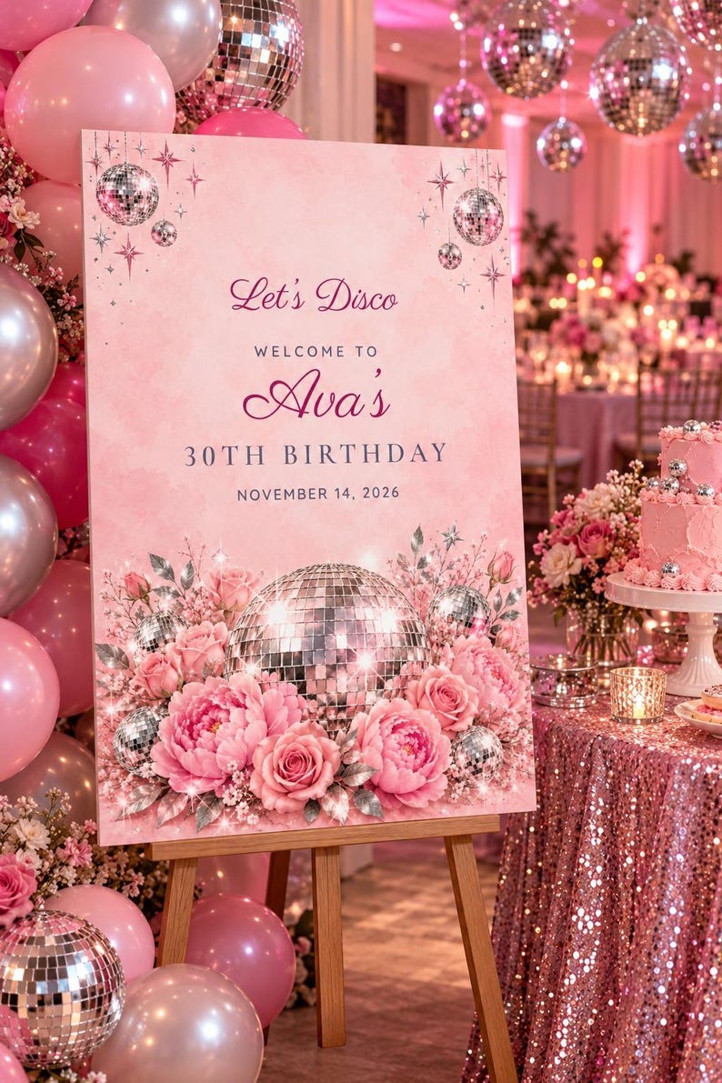 Geburtstags-Willkommensschild und Namensschilder-Set, „Let's Disco“-Deko mit Discokugel und Rosen, individuell druckbare digitale Dateien Bild 2