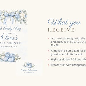 Set di cartelli di benvenuto e segnaposto per baby shower, "Oh Baby Boy" con fiocco blu, decorazioni per baby shower a tema scarpine da neonato, file digitali personalizzabili e stampabili. immagine 5