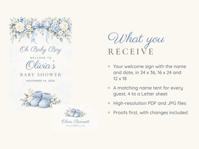 Set di cartelli di benvenuto e segnaposto per baby shower, "Oh Baby Boy" con fiocco blu, decorazioni per baby shower a tema scarpine da neonato, file digitali personalizzabili e stampabili. immagine 5