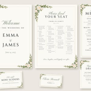 Custom Wedding Sign Bundle, White Rose Welcome Sign, Seating Chart, Name Tents, Menu and Bar Sign, Printable Digital Files image 1