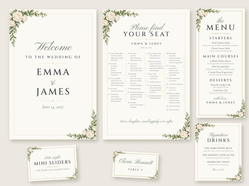 Custom Wedding Sign Bundle, White Rose Welcome Sign, Seating Chart, Name Tents, Menu and Bar Sign, Printable Digital Files image 1
