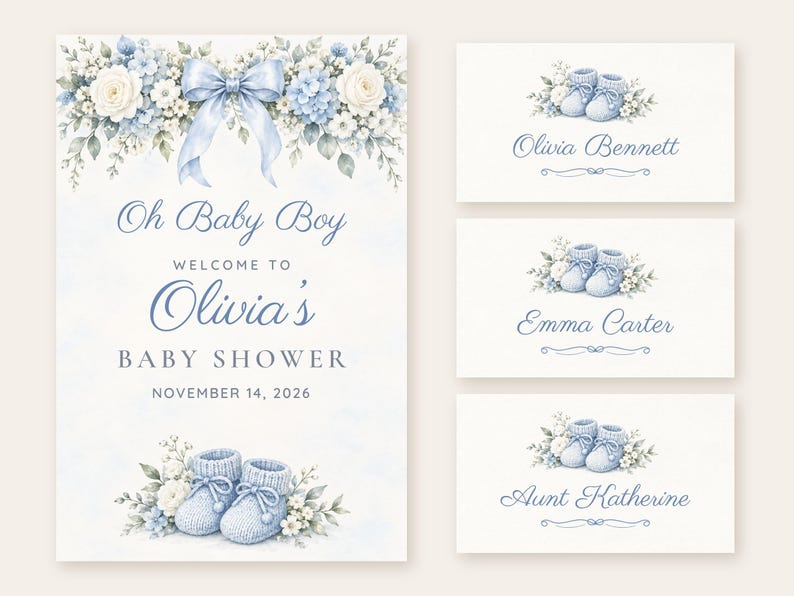 Pu&ograve; includere: Un invito per baby shower e tre segnaposto con illustrazioni ad acquerello di scarpine lavorate a maglia blu, rose bianche e ortensie blu. Il testo recita: Oh Baby Boy WELCOME TO Olivia's BABY SHOWER NOVEMBER 14, 2026, Olivia Bennett, Emma Carter e Aunt Katherine.
