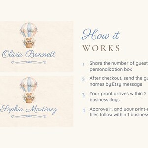 May include: Two rectangular cards featuring a watercolour illustration of a teddy bear in a hot air balloon with blue and peach stripes. Below the balloon, the names Olivia Bennett and Sophia Martinez are written in blue script. Text reads: How it WORKS 1 Share the number of guests in the personalisation box 2 After checkout, send the guest names by Etsy message 3 Your proof arrives within 2 business days 4 Approve it, and your print-ready files follow within 1 business day.