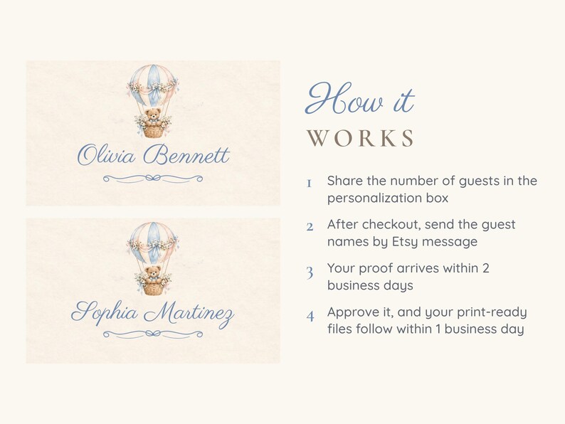 May include: Two rectangular cards featuring a watercolour illustration of a teddy bear in a hot air balloon with blue and peach stripes. Below the balloon, the names Olivia Bennett and Sophia Martinez are written in blue script. Text reads: How it WORKS 1 Share the number of guests in the personalisation box 2 After checkout, send the guest names by Etsy message 3 Your proof arrives within 2 business days 4 Approve it, and your print-ready files follow within 1 business day.