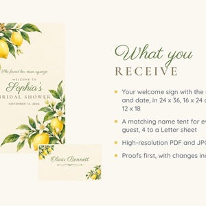May include: A bridal shower welcome sign and name tent featuring watercolor lemon and blossom illustrations. The sign reads: She found her main squeeze, WELCOME TO Sophia's BRIDAL SHOWER, NOVEMBER 14, 2026. The name tent displays the name Olivia Bennett.