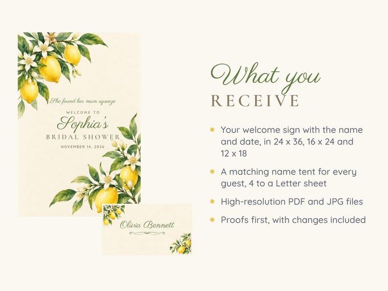 May include: A bridal shower welcome sign and name tent featuring watercolor lemon and blossom illustrations. The sign reads: She found her main squeeze, WELCOME TO Sophia's BRIDAL SHOWER, NOVEMBER 14, 2026. The name tent displays the name Olivia Bennett.