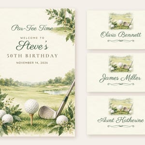 Birthday Welcome Sign and Name Tents Set, Par-Tee Time, Golf Ball and Tee Birthday Decor, Custom Printable Digital Files