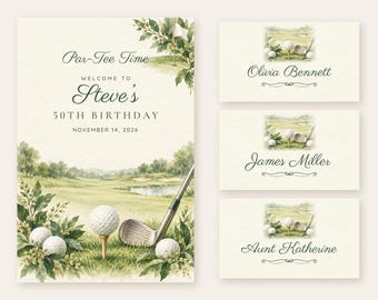 Birthday Welcome Sign and Name Tents Set, Par-Tee Time, Golf Ball and Tee Birthday Decor, Custom Printable Digital Files