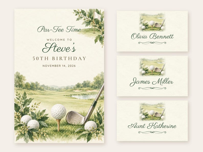 Geburtstags-Willkommensschild und Namensschilder, Par-Tee Time, Golfball- und Tee-Geburtstagsdeko, individuell druckbare digitale Dateien Bild 1