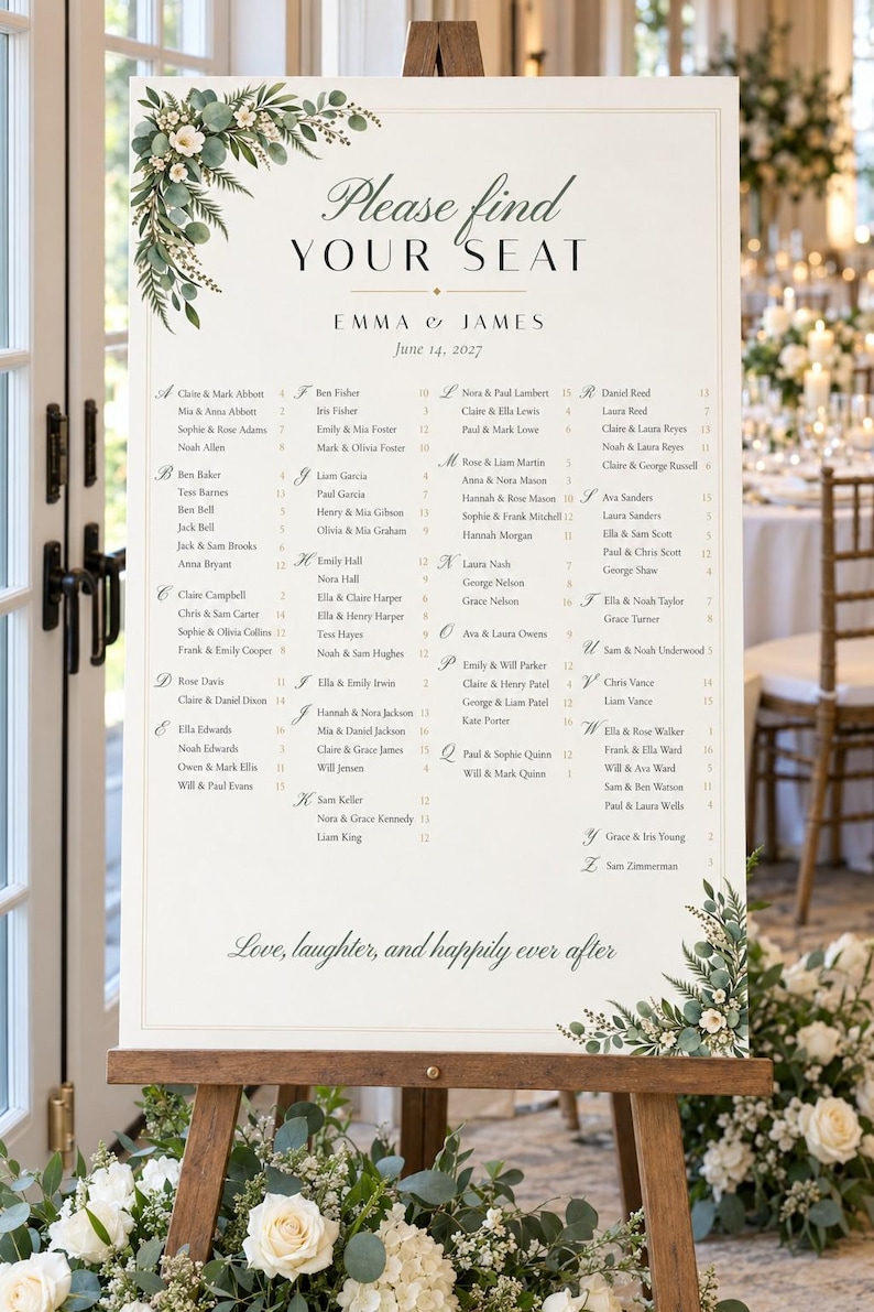 Pakket met gepersonaliseerde trouwborden, welkomstbord met groen, tafelindeling, naamkaartjes, menu- en barbord, printbare digitale bestanden. afbeelding 2