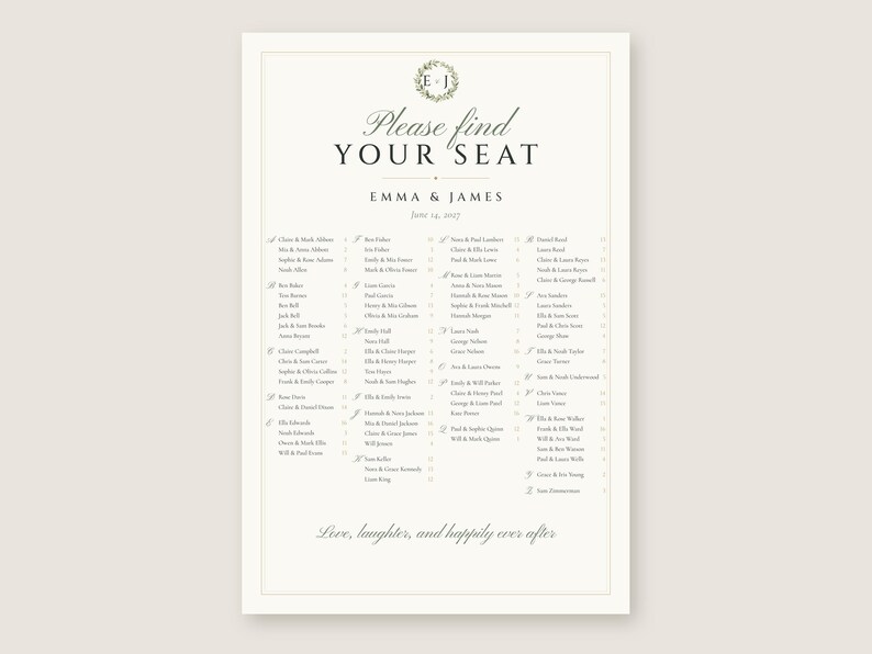 Custom Seating Chart Sign, Alphabetical Wedding Seating Chart, Monogram Find Your Seat Sign, Printable 24x36 Digital File image 2