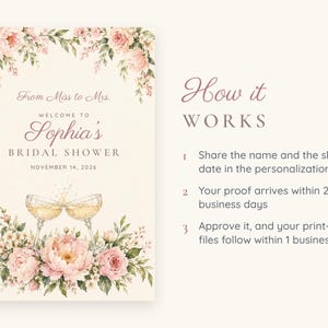 May include: A bridal shower welcome sign featuring pink floral arrangements, two champagne glasses clinking, and the text From Miss to Mrs. Welcome to Sophia's Bridal Shower November 14, 2026. The right side lists How it Works with three steps.