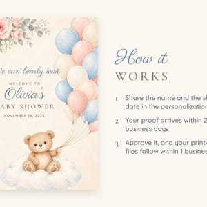 May include: A baby shower invitation featuring a watercolor teddy bear sitting on a cloud, holding a bunch of pink, blue, and cream balloons. Floral accents decorate the top corner. Text reads: We can bearly wait, Welcome to Olivia's Baby Shower, November 14, 2026. How it works instructions are listed.