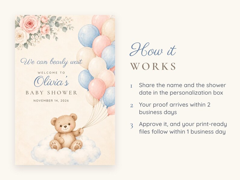 May include: A baby shower invitation featuring a watercolor teddy bear sitting on a cloud, holding a bunch of pink, blue, and cream balloons. Floral accents decorate the top corner. Text reads: We can bearly wait, Welcome to Olivia's Baby Shower, November 14, 2026. How it works instructions are listed.