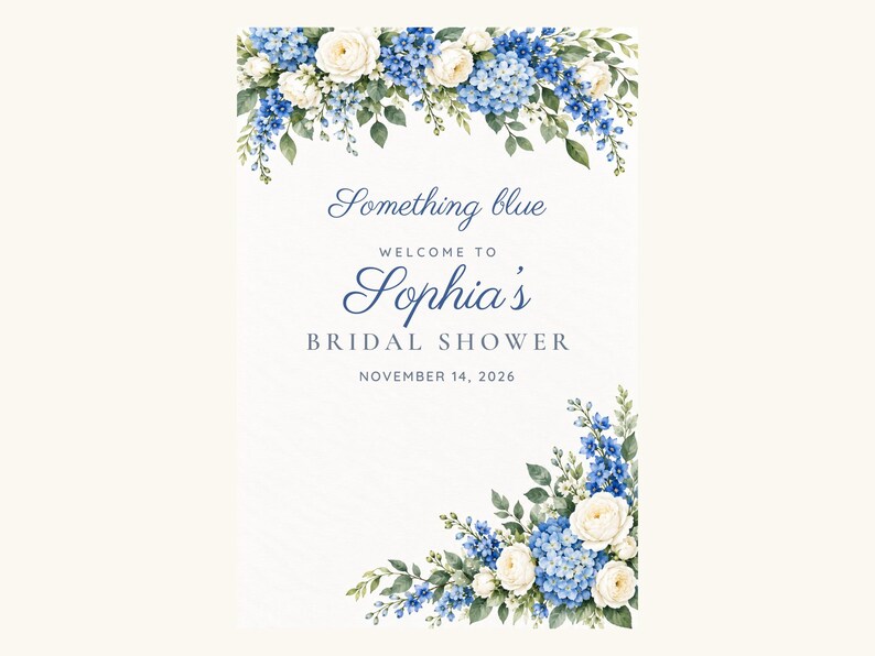 Custom Bridal Shower Welcome Sign, Something Blue Floral Sign, Blue Hydrangea Bridal Shower Decor, Printable 24x36 Digital File image 2