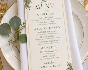 Aangepast menu voor het huwelijksdiner, menukaart voor de receptie met groen, menukaart voor de tafelschikking met eucalyptus, printbaar digitaal bestand (4x9 inch).