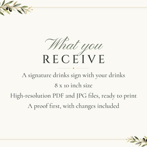 Custom Signature Drinks Sign, Olive Branch Wedding Bar Sign, Olive Leaf Cocktail Menu, Printable 8x10 Digital File image 5