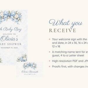 May include: A baby shower welcome sign and name tent featuring blue ribbons and floral accents. The text reads: Oh Baby Boy WELCOME TO Olivia's BABY SHOWER NOVEMBER 14, 2026. The sign is available in 24 x 36, 16 x 24, and 12 x 18 inches.
