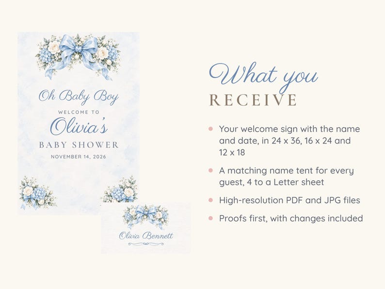 May include: A baby shower welcome sign and name tent featuring blue ribbons and floral accents. The text reads: Oh Baby Boy WELCOME TO Olivia's BABY SHOWER NOVEMBER 14, 2026. The sign is available in 24 x 36, 16 x 24, and 12 x 18 inches.