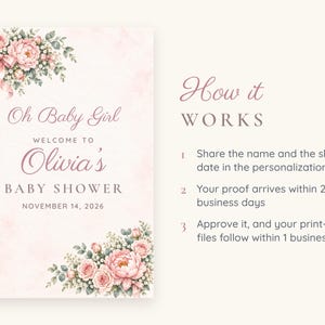 May include: A baby shower sign featuring pink floral arrangements with roses and greenery. The text reads: Oh Baby Girl WELCOME TO Olivia's BABY SHOWER NOVEMBER 14, 2026. To the right, the text How it WORKS outlines a three-step process for personalization.