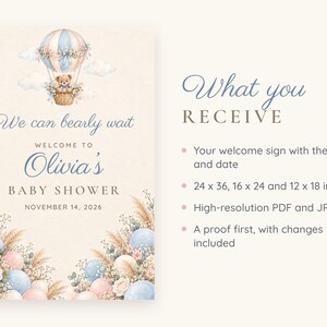 Puede incluir: Un cartel de bienvenida para baby shower con un osito de peluche en acuarela en un globo aerost&aacute;tico azul y beige, flores y el texto: We can bearly wait, WELCOME TO Olivia's BABY SHOWER, NOVEMBER 14, 2026, y What you RECEIVE.