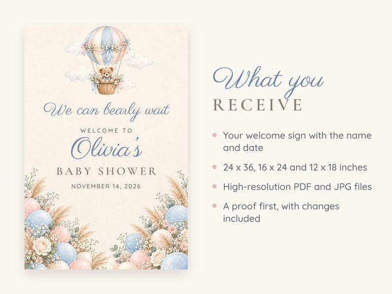 Puede incluir: Un cartel de bienvenida para baby shower con un osito de peluche en acuarela en un globo aerost&aacute;tico azul y beige, flores y el texto: We can bearly wait, WELCOME TO Olivia's BABY SHOWER, NOVEMBER 14, 2026, y What you RECEIVE.