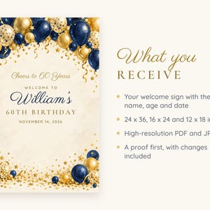 Custom Birthday Welcome Sign, Cheers to 60 Years Sign, Navy and Gold Balloon Arch Birthday Decor, Printable 24x36 Digital File image 5