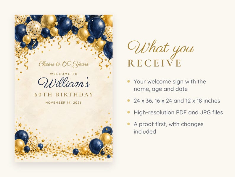 Custom Birthday Welcome Sign, Cheers to 60 Years Sign, Navy and Gold Balloon Arch Birthday Decor, Printable 24x36 Digital File image 5