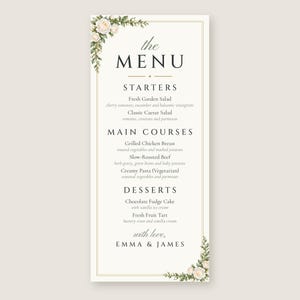 Custom Wedding Dinner Menu, White Rose Reception Menu Card, Garden Rose Place Setting Menu, Printable 4x9 Digital File image 2