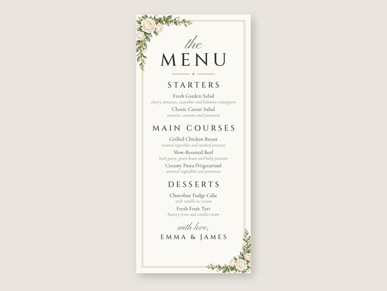 Custom Wedding Dinner Menu, White Rose Reception Menu Card, Garden Rose Place Setting Menu, Printable 4x9 Digital File image 2