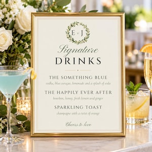 Custom Signature Drinks Sign, Monogram Wedding Bar Sign, Wreath Cocktail Menu, Printable 8x10 Digital File image 1