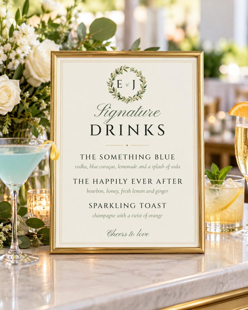 Custom Signature Drinks Sign, Monogram Wedding Bar Sign, Wreath Cocktail Menu, Printable 8x10 Digital File image 1
