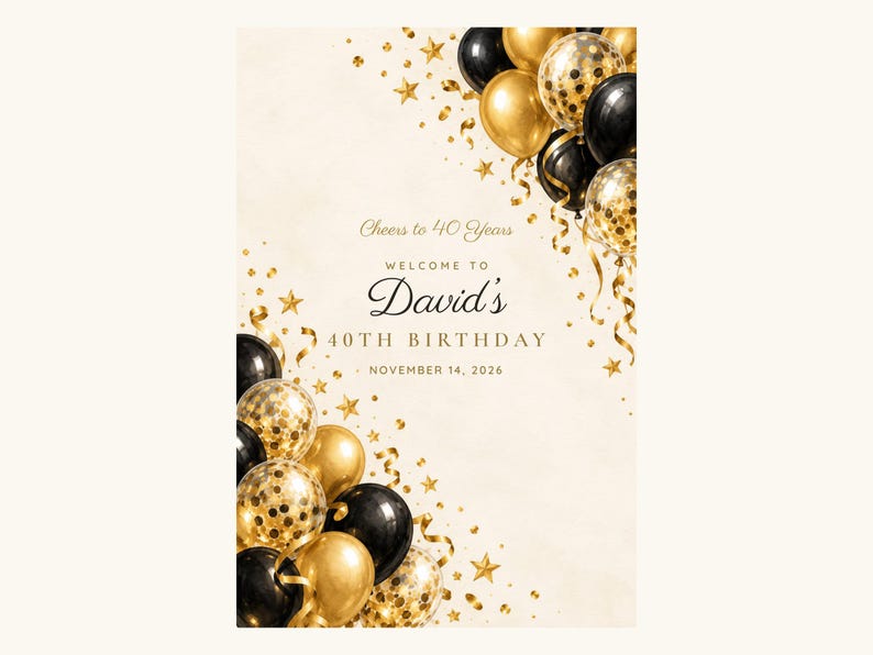 Custom Birthday Welcome Sign, Cheers to 40 Years Sign, Black and Gold Balloons Birthday Decor, Printable 24x36 Digital File image 2