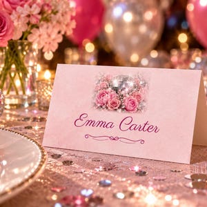 Birthday Name Tents, Disco Ball and Roses Place Cards, Disco Birthday Dinner Table Decor, Custom Printable Digital File image 1