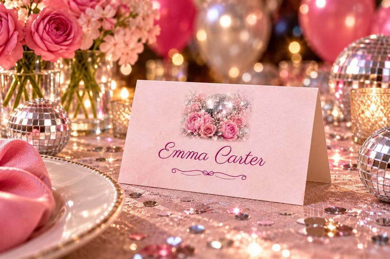 Birthday Name Tents, Disco Ball and Roses Place Cards, Disco Birthday Dinner Table Decor, Custom Printable Digital File image 1