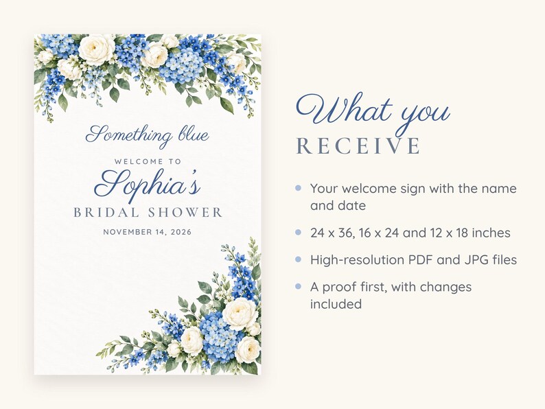 Custom Bridal Shower Welcome Sign, Something Blue Floral Sign, Blue Hydrangea Bridal Shower Decor, Printable 24x36 Digital File image 5