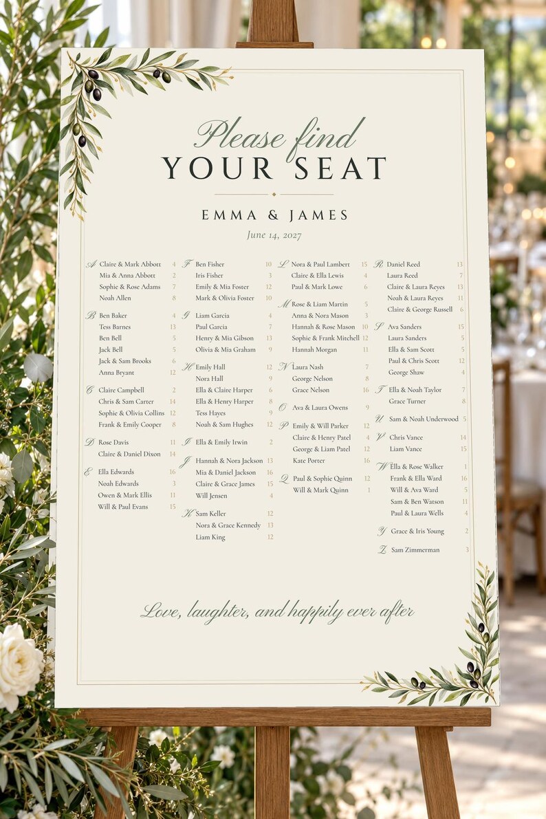 Custom Wedding Sign Bundle, Olive Branch Welcome Sign, Seating Chart, Name Tents, Menu and Bar Sign, Printable Digital Files image 2