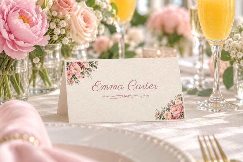 Bridal Shower Name Tents, From Miss to Mrs Place Cards, Peony Corner Luncheon Table Decor, Custom Printable Digital File image 1
